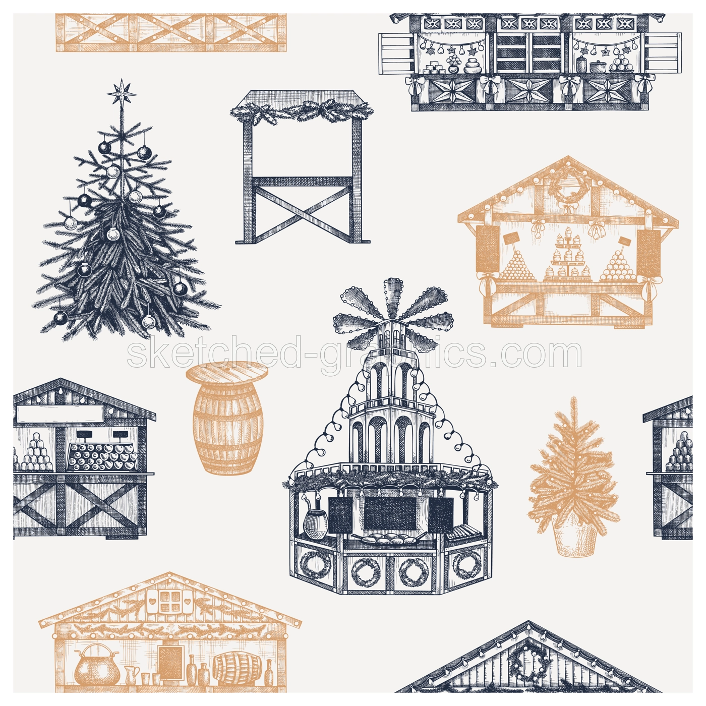 Christmas market seamless pattern. Hand drawn vector illustration. European holiday marketplace design. Vintage toile de jouy background with Christmas tree, wooden stall kiosk, mulled wine sketches  Illustration